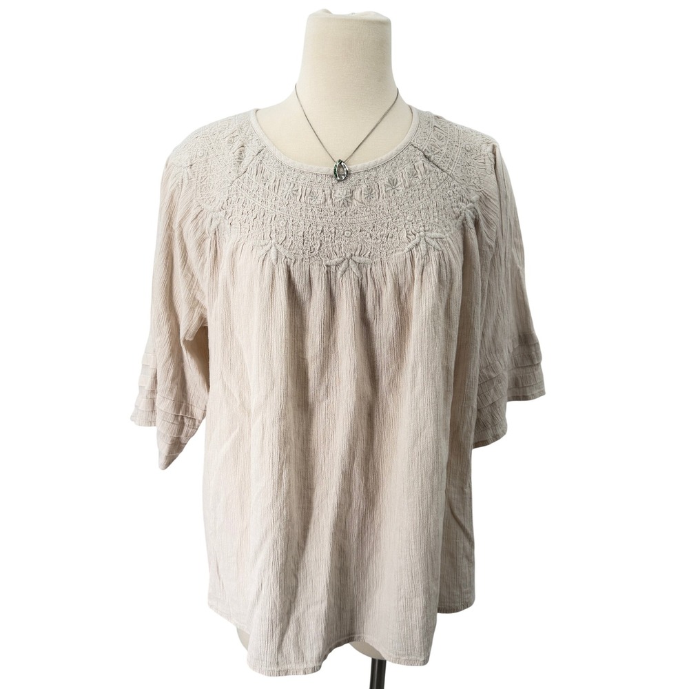 J. Jill Smock Top Womens Small Beige Embroidered Boho Peasant Blouse